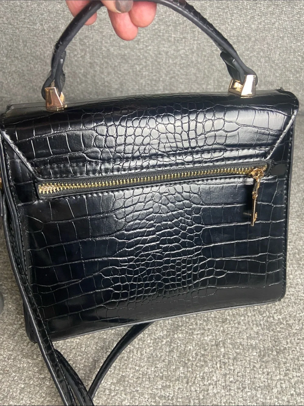 Madison West Black Croc-Embossed Top Handle Satchel with Strap
